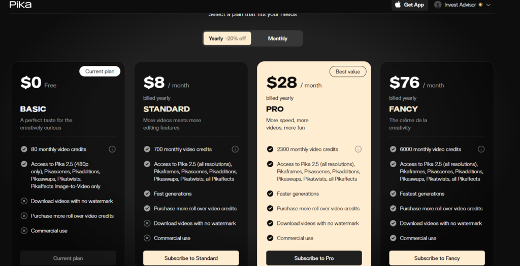 Pika Labs AI Pricing Plans 