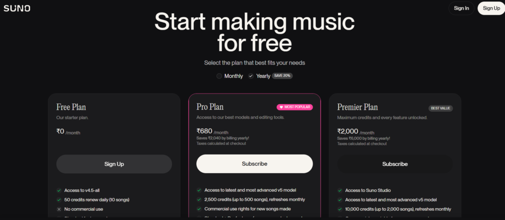 best suno AI song generator pricing table