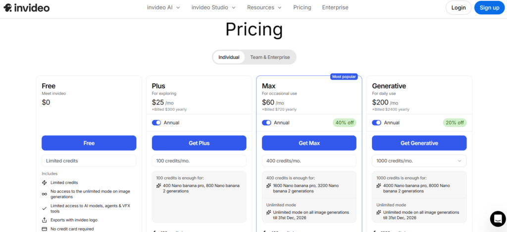 InVideo AI Review 2026 : features, Pricing, Pros & Cons AI video generator Pricing table